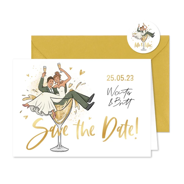 Save the date trouwkaart grappig bruidspaar cartoon