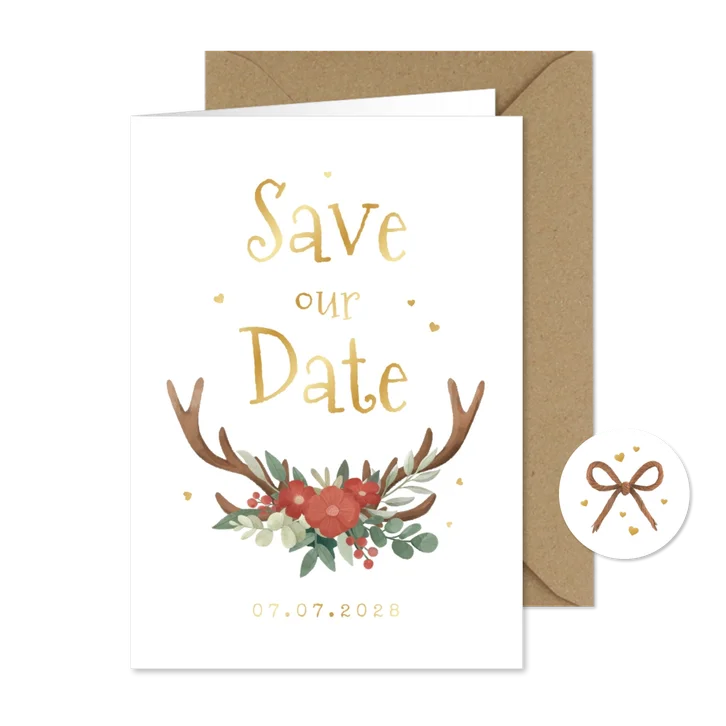 Save the date trouwkaart hertengewei bloemen hartjes goud