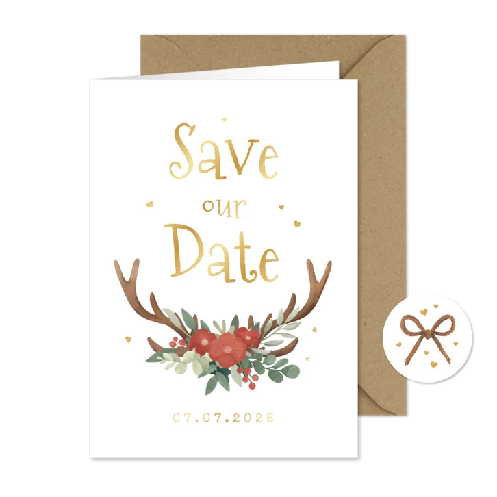 Save the date trouwkaart hertengewei bloemen hartjes goud