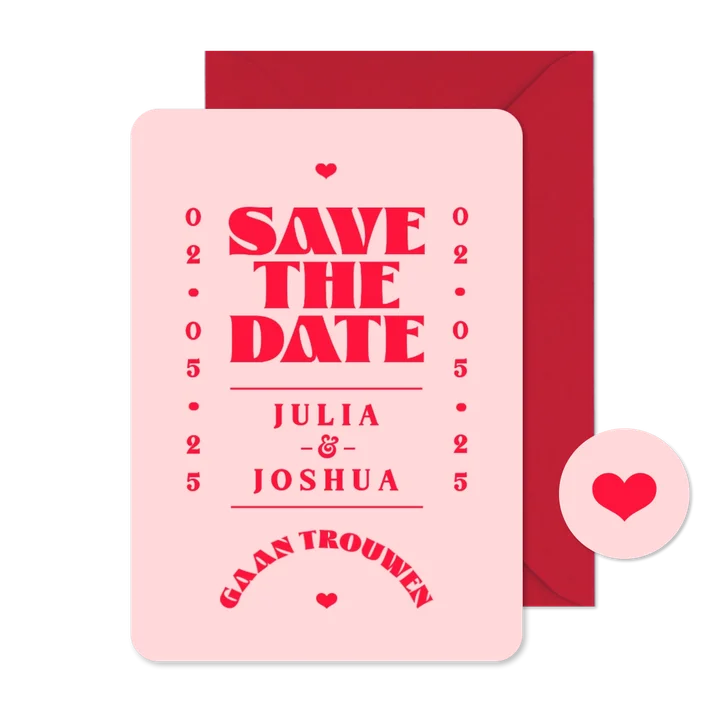 Save the date trouwkaart hip grafisch roze rood romantisch