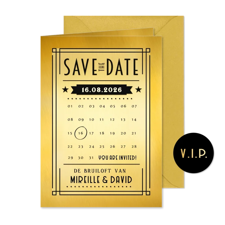 Save the Date trouwkaart in art-deco poster stijl