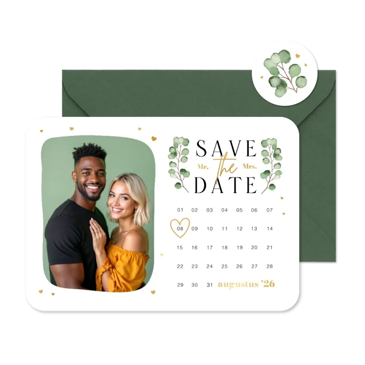 Save the date trouwkaart kalender eucalyptus foto hartjes