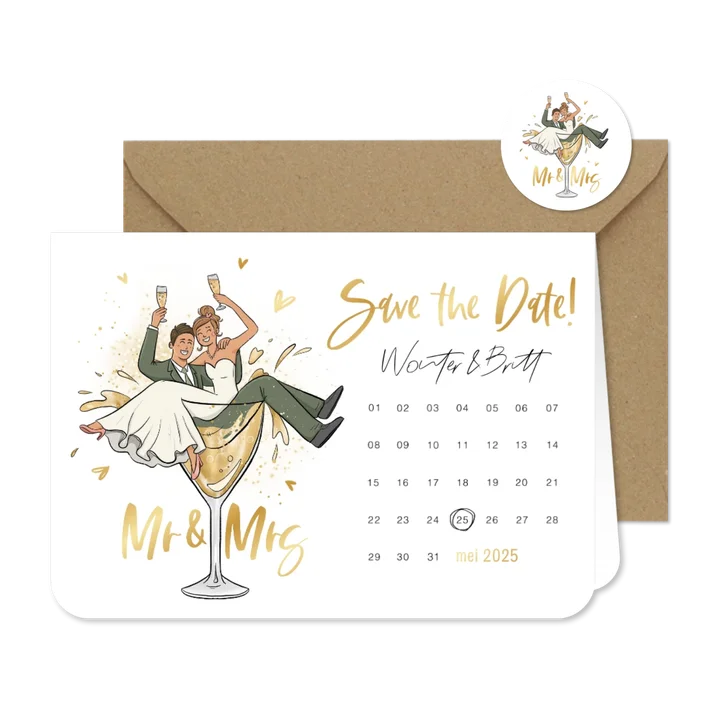 Save the date trouwkaart kalender grappig bruidspaar cartoon