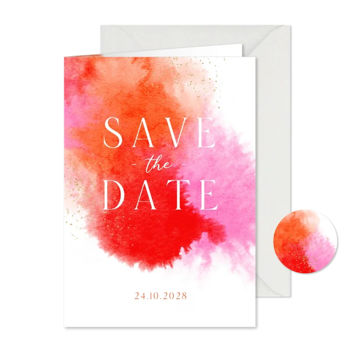 Save the date trouwkaart kleurrijk roze waterverf goud 