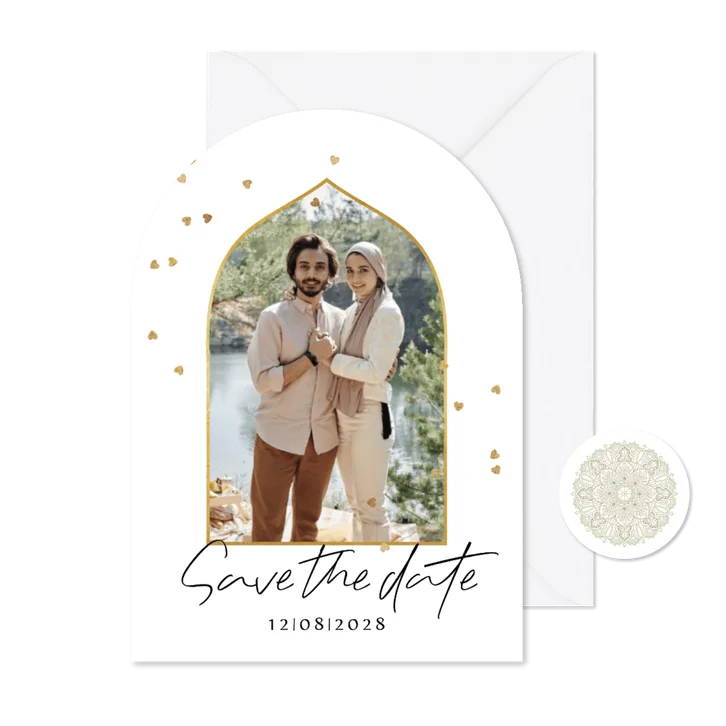 Save the date trouwkaart mandala foto hartjesconfetti