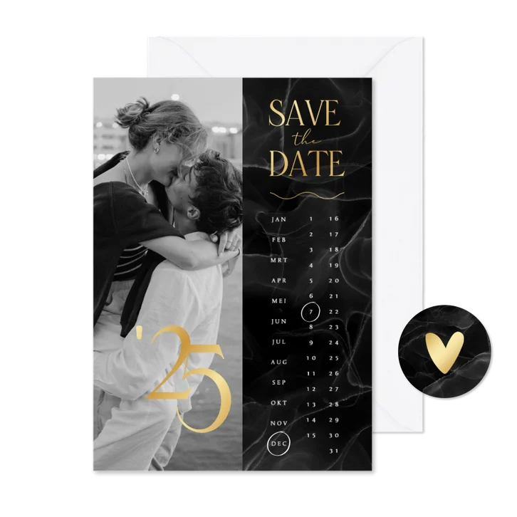 Save the date trouwkaart marmer zwart kalender goud foto