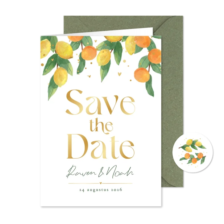 Save the date trouwkaart Mediterraans citrus goud hartjes
