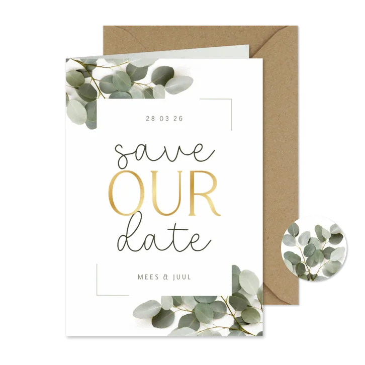 Save the date trouwkaart met eucalyptus kader en folie
