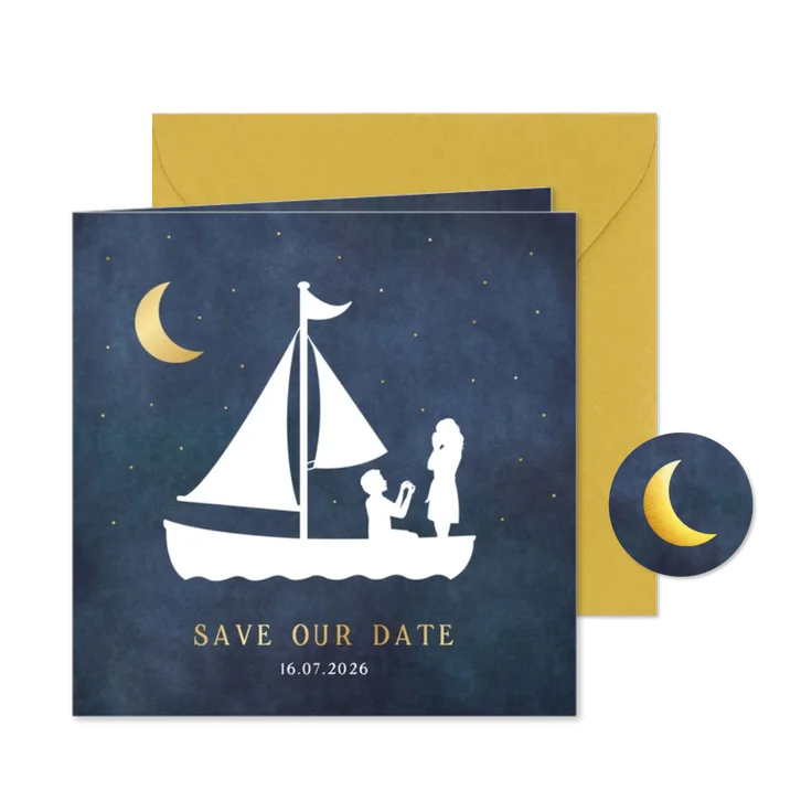 Save the Date trouwkaart - silhouet van aanzoek in zeilboot 