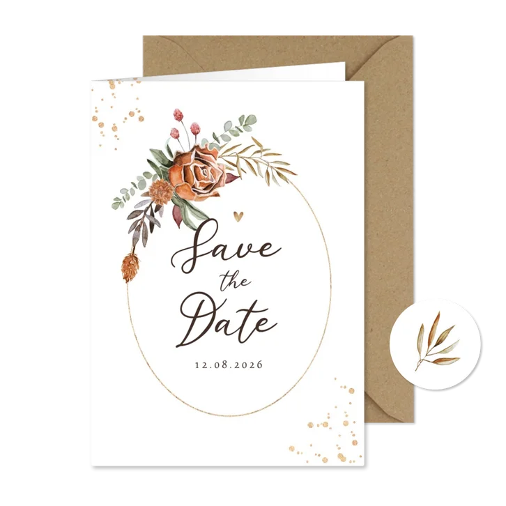 Save the date trouwkaart stijlvol droogbloemen waterverf