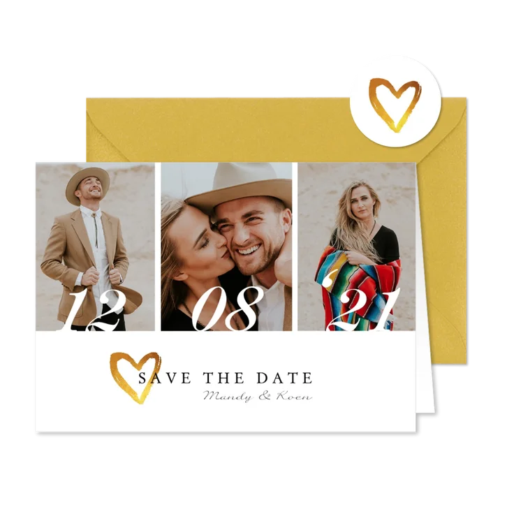 Save the date trouwkaart stijlvol goud met eigen foto's