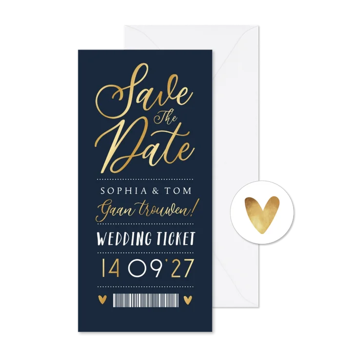 Save the date trouwkaart ticket goud grafisch blauw