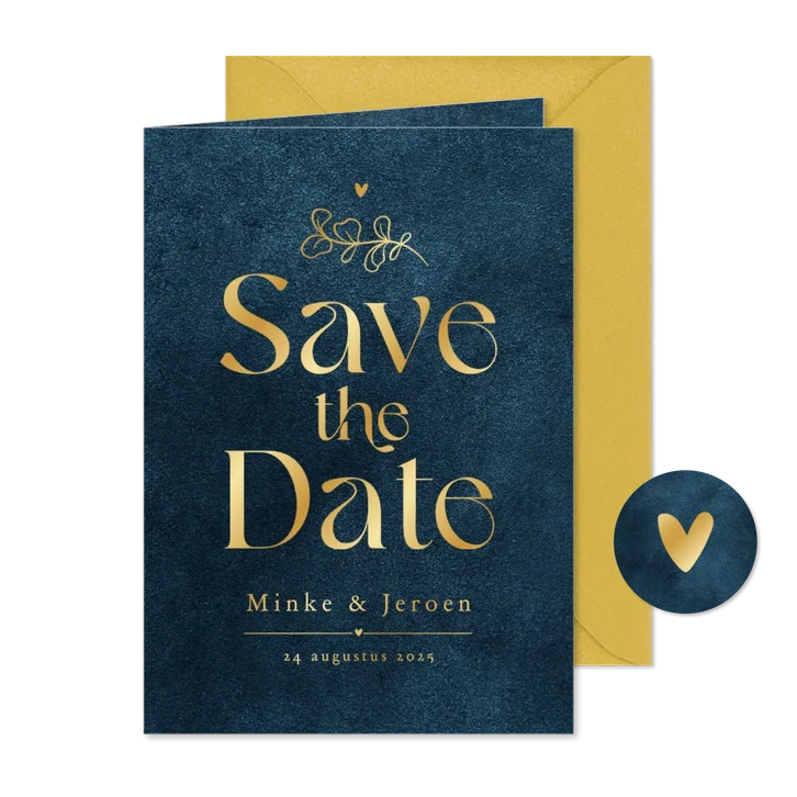 Save the date trouwkaart velvet blauw goud sierlijk