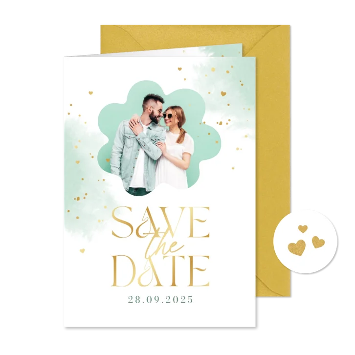 Save the date trouwkaart waterverf mint goud spetters foto