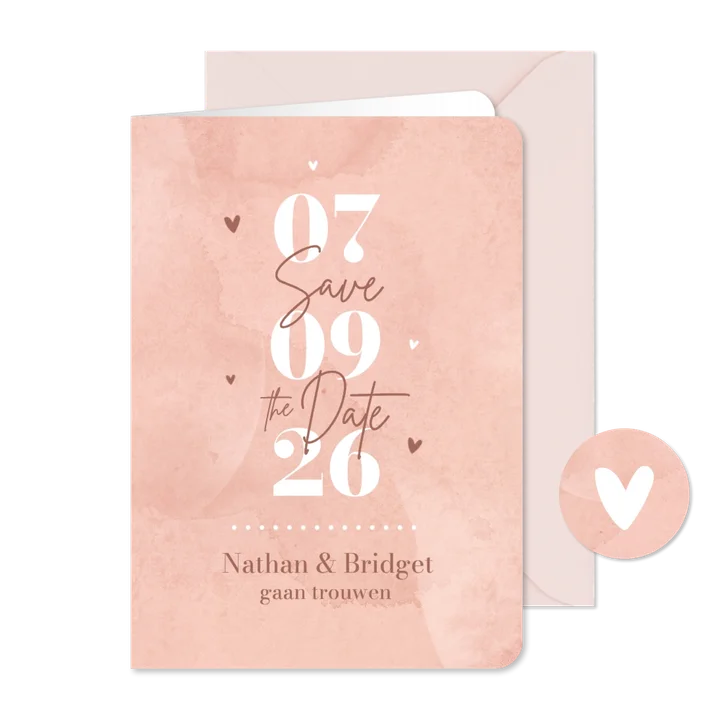 Save the Date trouwkaart waterverf roze hartjes hip stijlvol