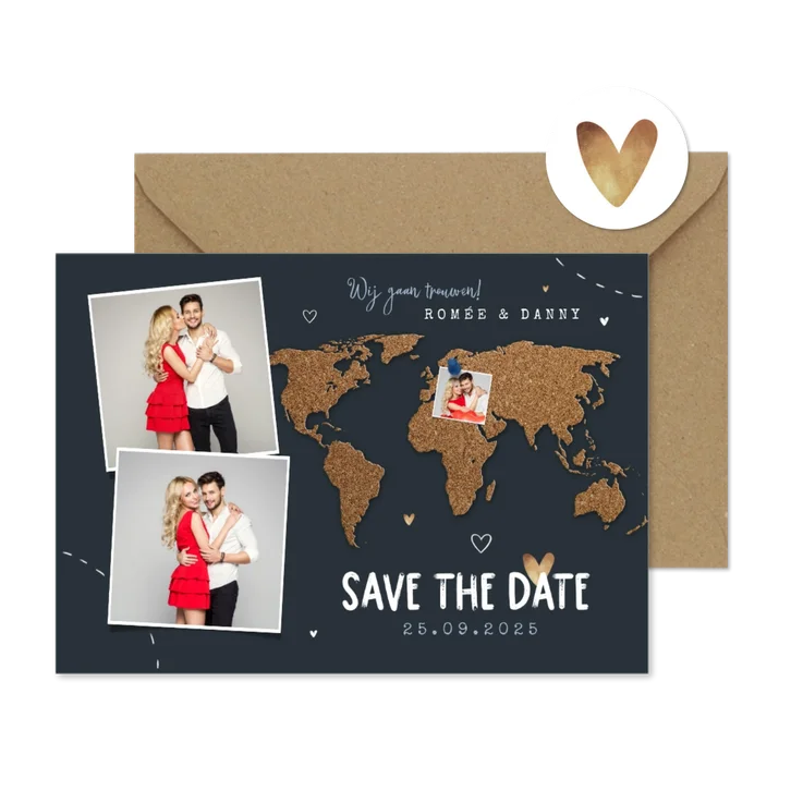 Save the date trouwkaart wereld kurk punaise foto's