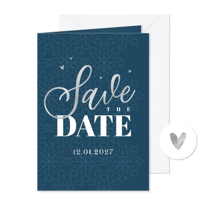Save the date trouwkaart winter sneeuwvlokken patroon zilver