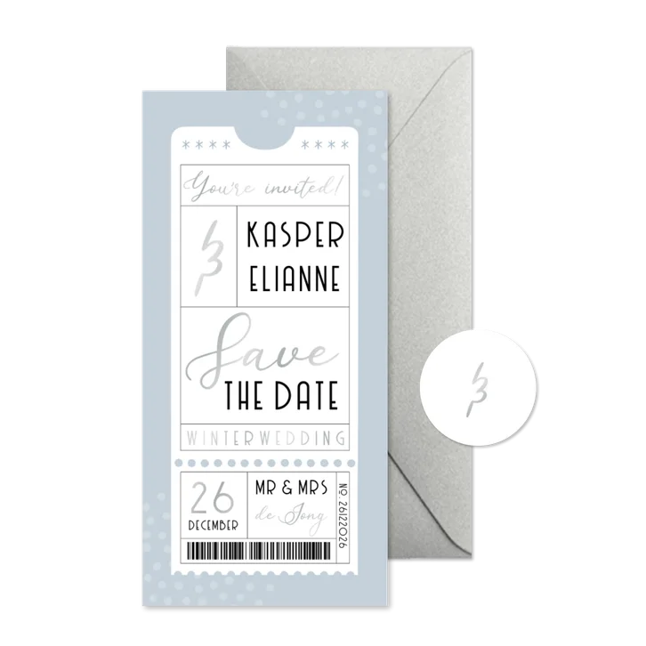 Save the Date trouwkaart winter wedding ticket blauw