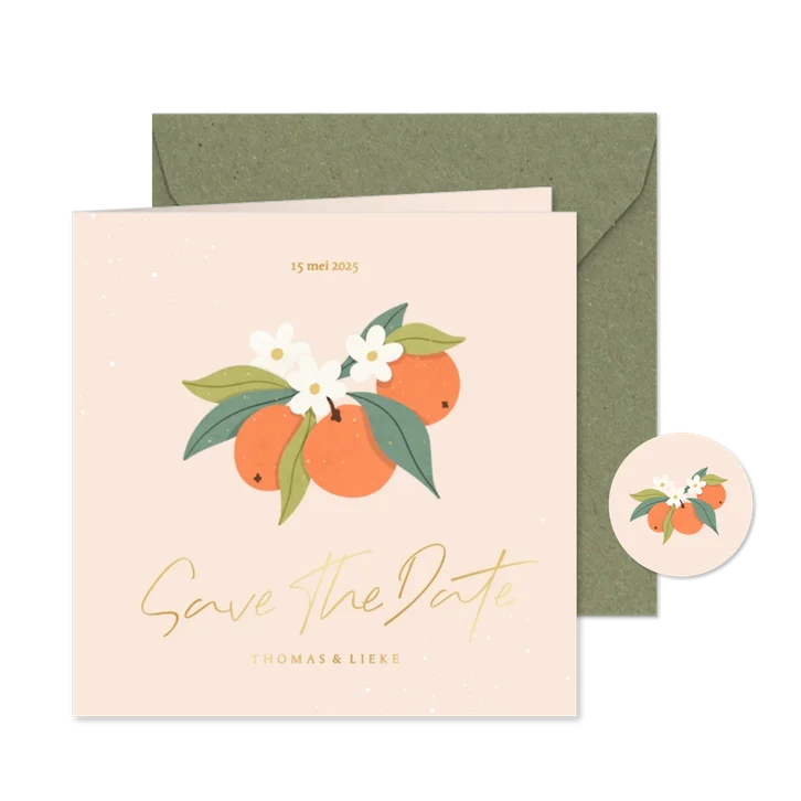 Save the date trouwkaarten oranje sinaasappels goudfolie