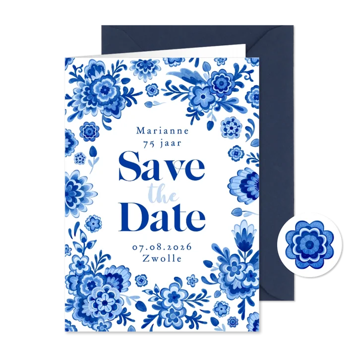 Save the date uitnodiging delfts blauw bloemen feestje