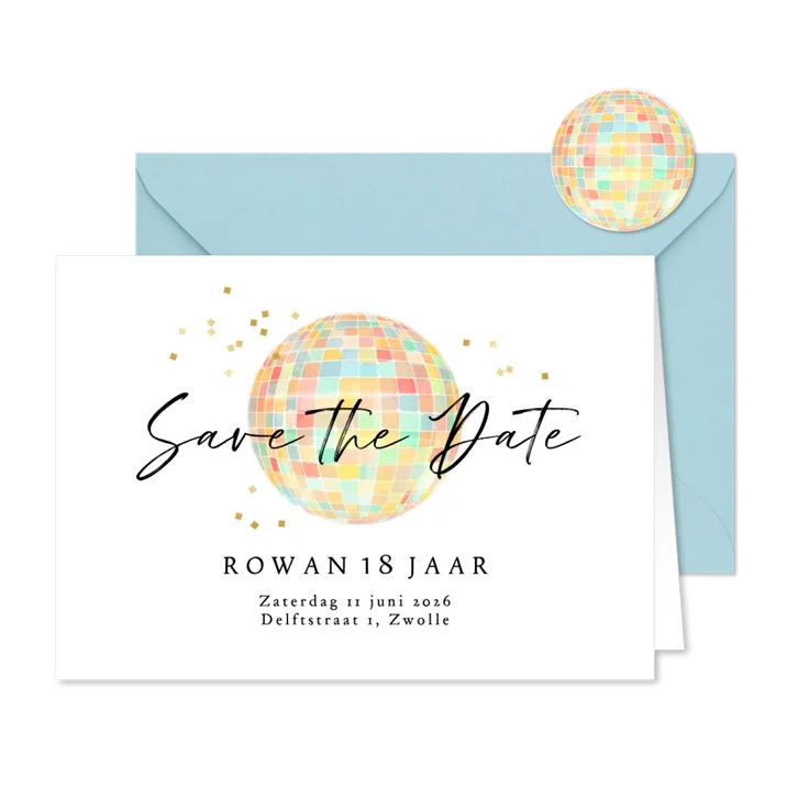Save the date uitnodiging disco confetti verjaardag feestje