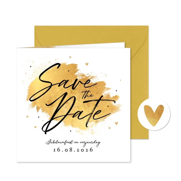 Save the date uitnodiging dubbel feest goud stijlvol verf