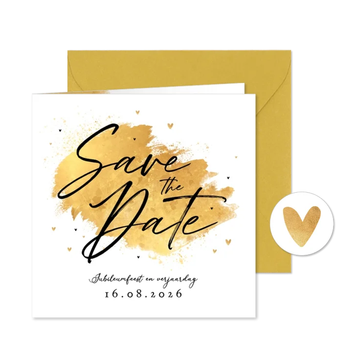 Save the date uitnodiging dubbel feest goud stijlvol verf