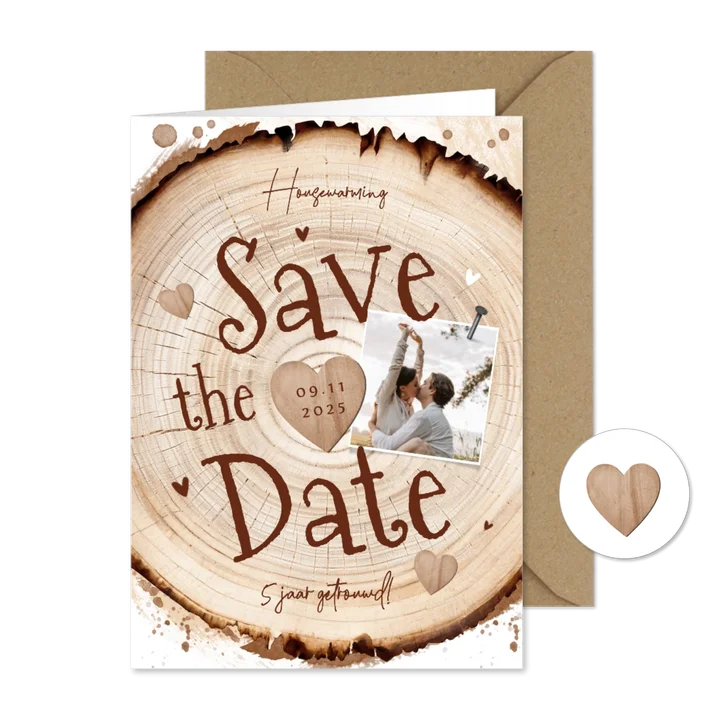 Save the date uitnodiging hout boomstam feestje foto hartjes