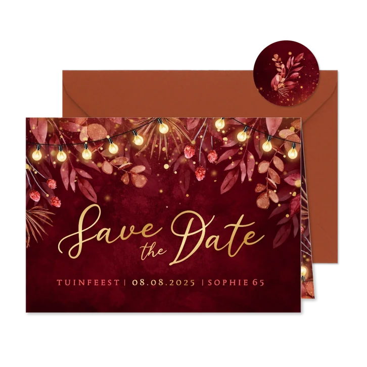 Save the date uitnodiging tuinfeest lampjes rood goud