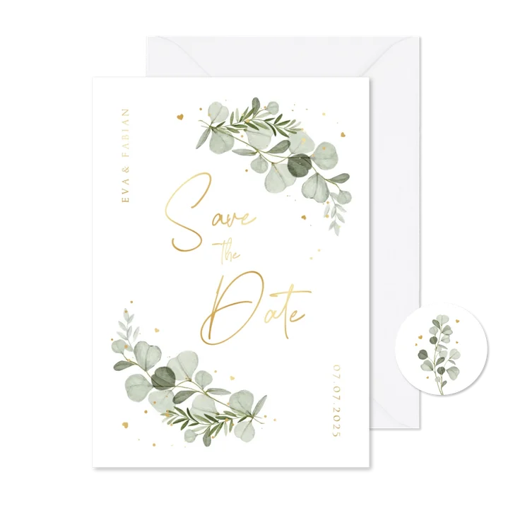 Save the date uitnodigingskaart eucalyptus goud hartjes