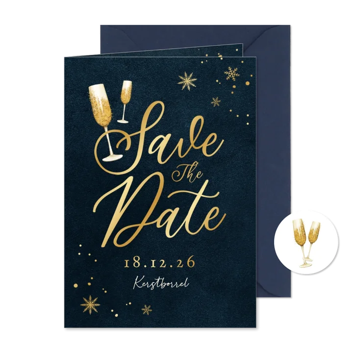 Save the date uitnodigingskaart kerst borrel champagne