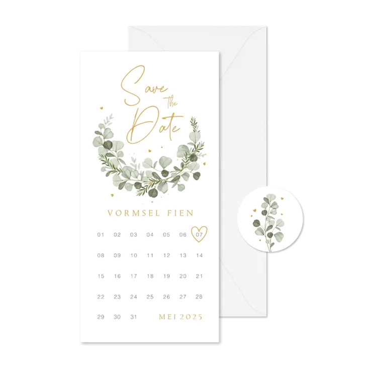 Save the date vormsel eucalyptus stijlvol hartjes klassiek