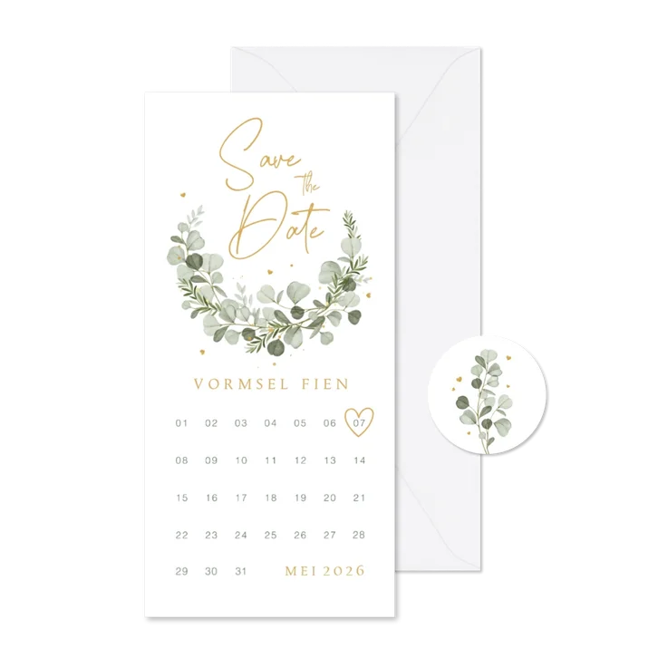 Save the date vormsel eucalyptus stijlvol hartjes klassiek