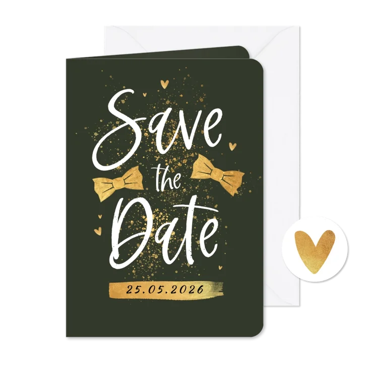Save the date vormsel uitnodiging goud hartjes
