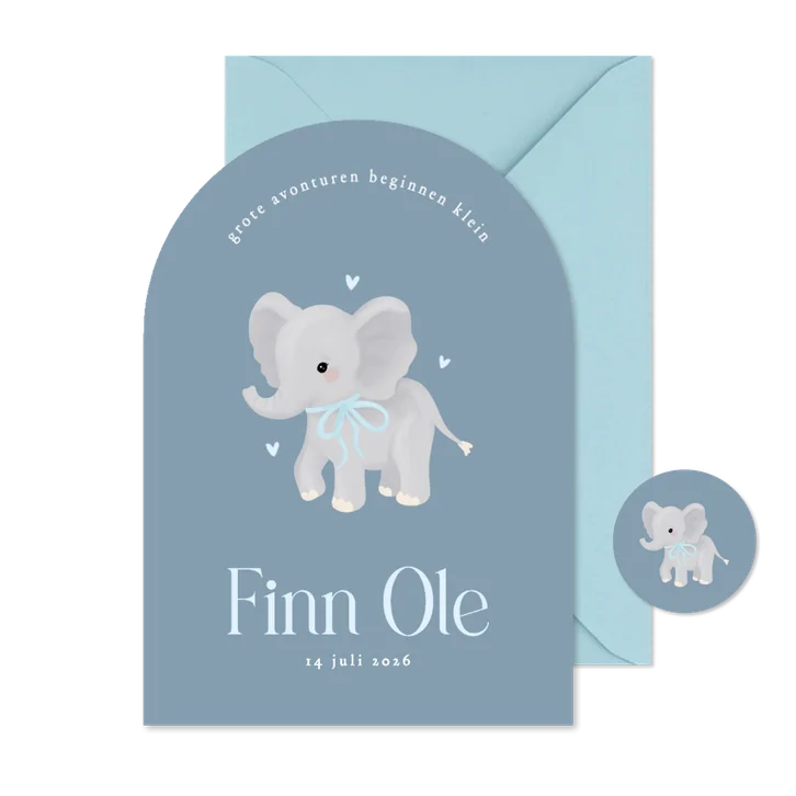 Schattig blauw geboortekaartje boog met olifantje jongen