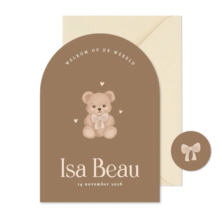 Schattig bruin geboortekaartje met teddybeertje met strikje