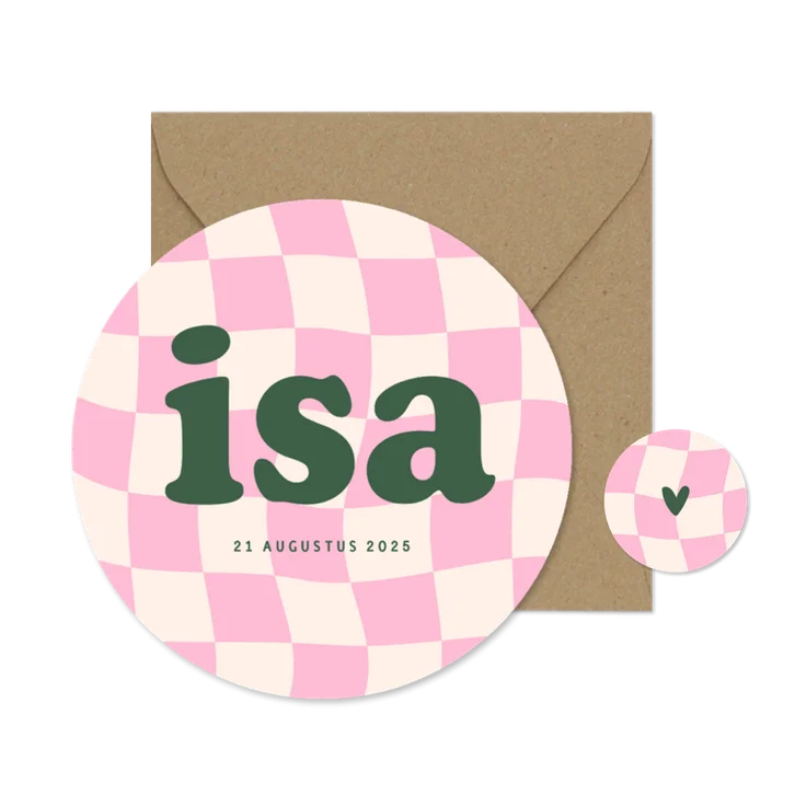 Schattig geboortekaartje cirkel met groovy blokjes roze 