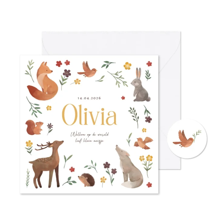 Schattig geboortekaartje dieren bloemen bos