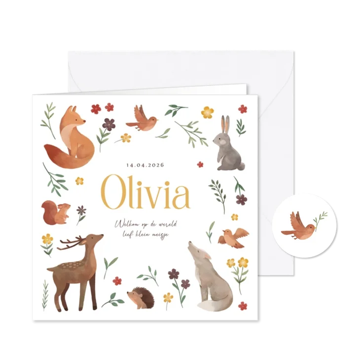 Schattig geboortekaartje dieren bloemen bos
