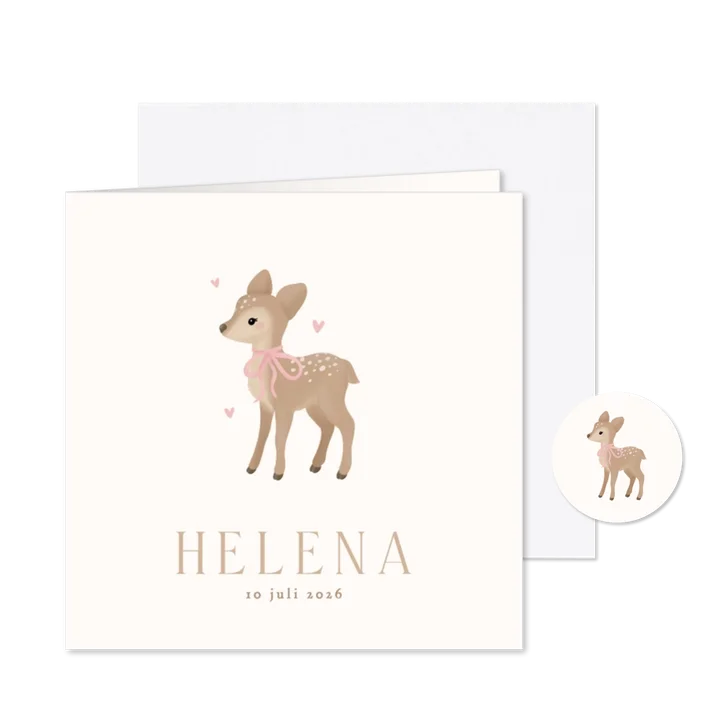 Schattig geboortekaartje meisje met hertje met strik beige