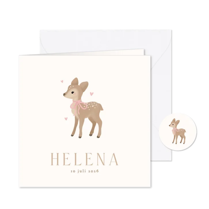 Schattig geboortekaartje meisje met hertje met strik beige