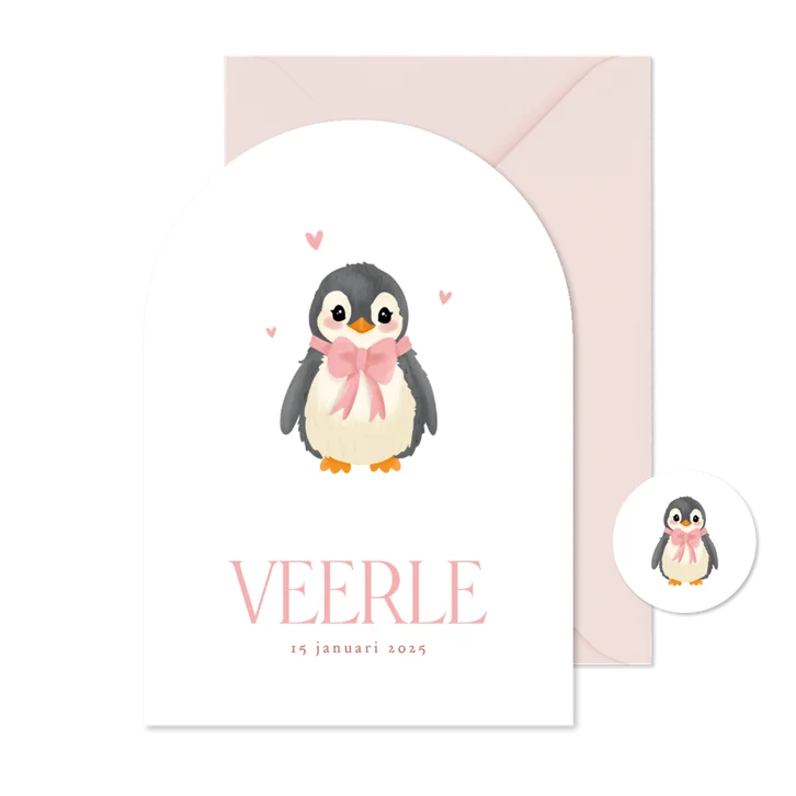 Schattig geboortekaartje meisje met pinguin boogvorm