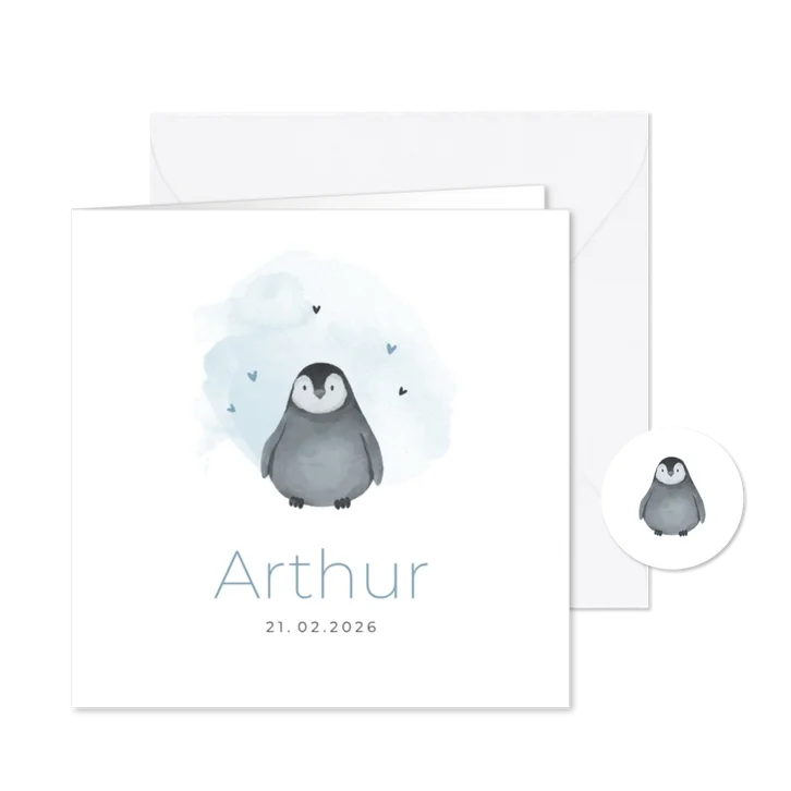 Schattig geboortekaartje met baby pinguïn en waterverf