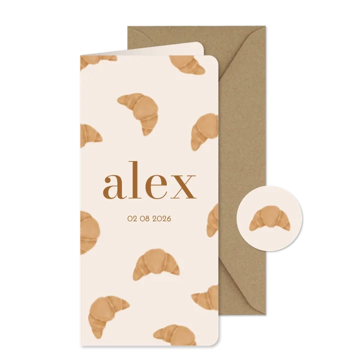 Schattig geboortekaartje met patroon van croissantjes 