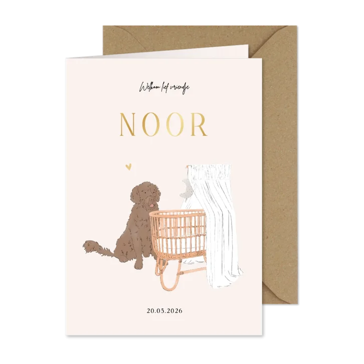 Schattig geboortekaartje met wiegje en hond goudfolie