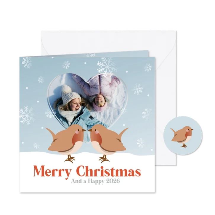 Schattig kerstkaartje met foto hart en vogeltjes