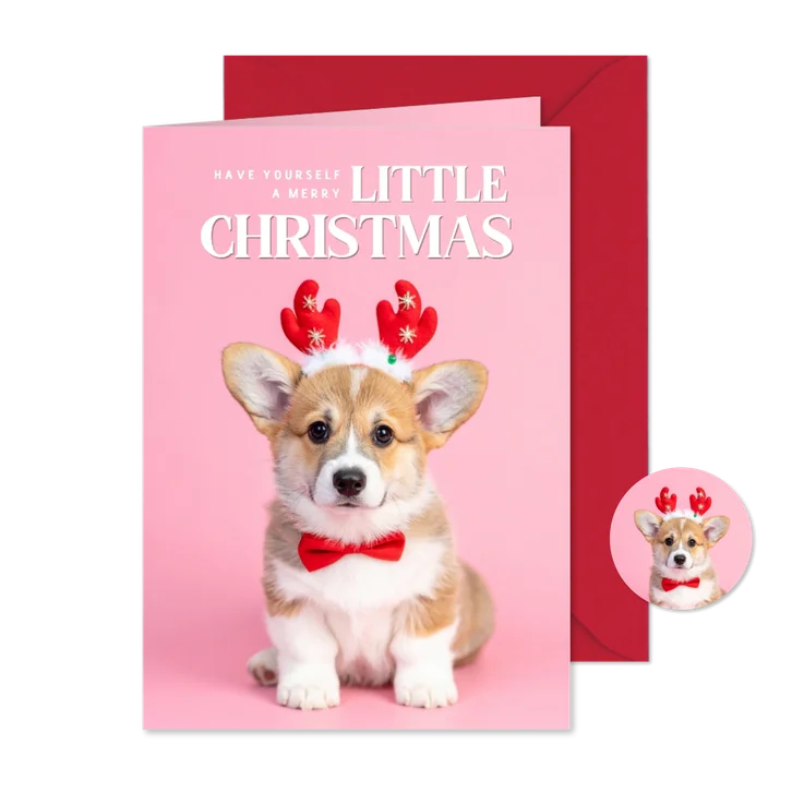 Schattig kerstkaartje roze met corgi puppy