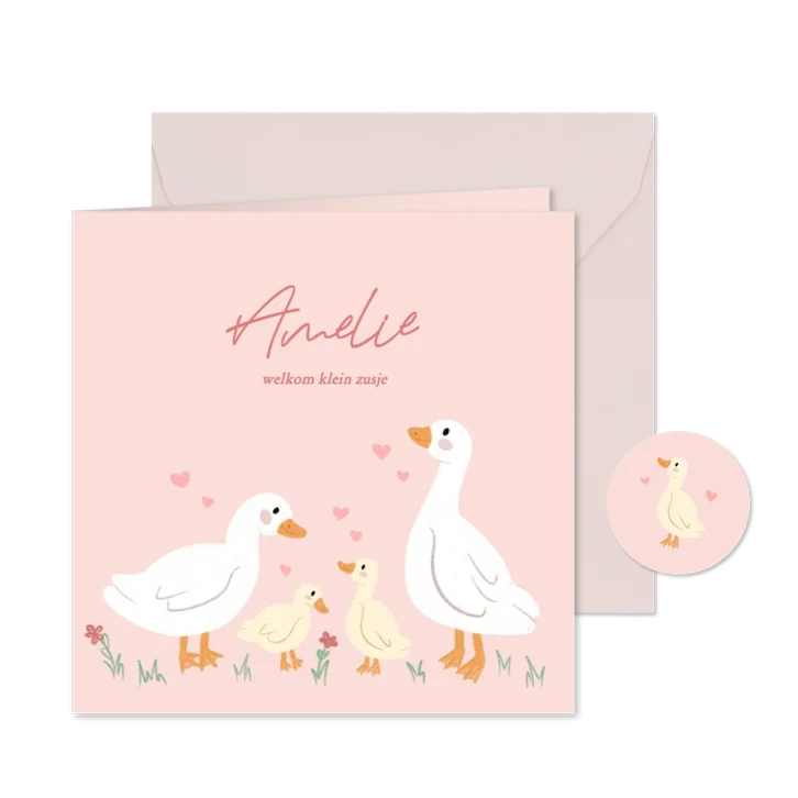 Schattig roze geboortekaartje met eendjes voor zusje