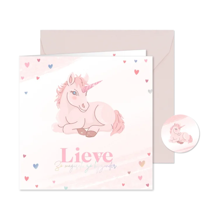 Schattig roze geboortekaartje met eenhoorn veulentje