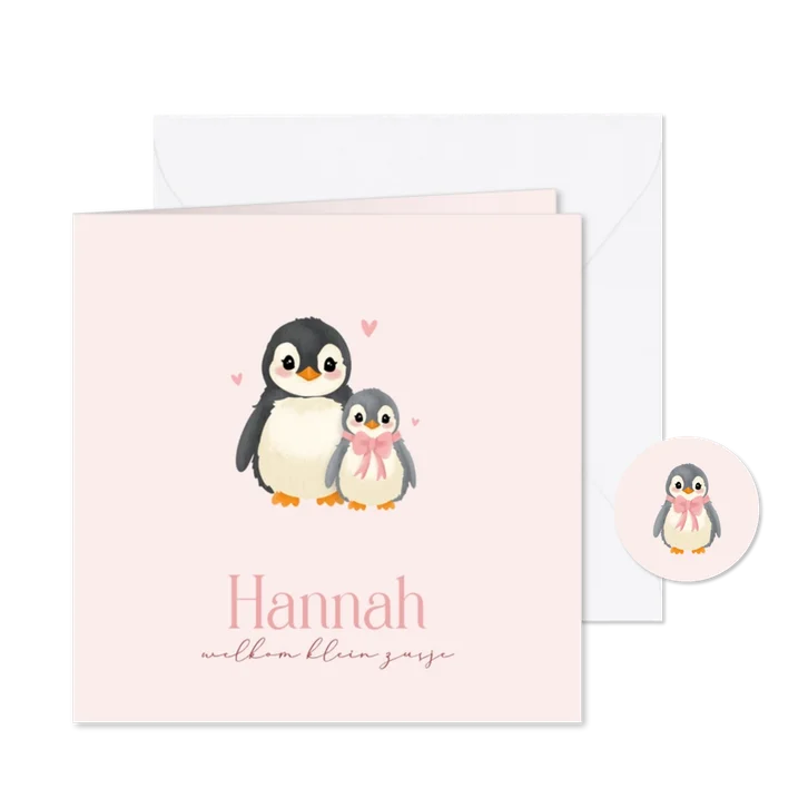 Schattig roze geboortekaartje pinguin een zusje